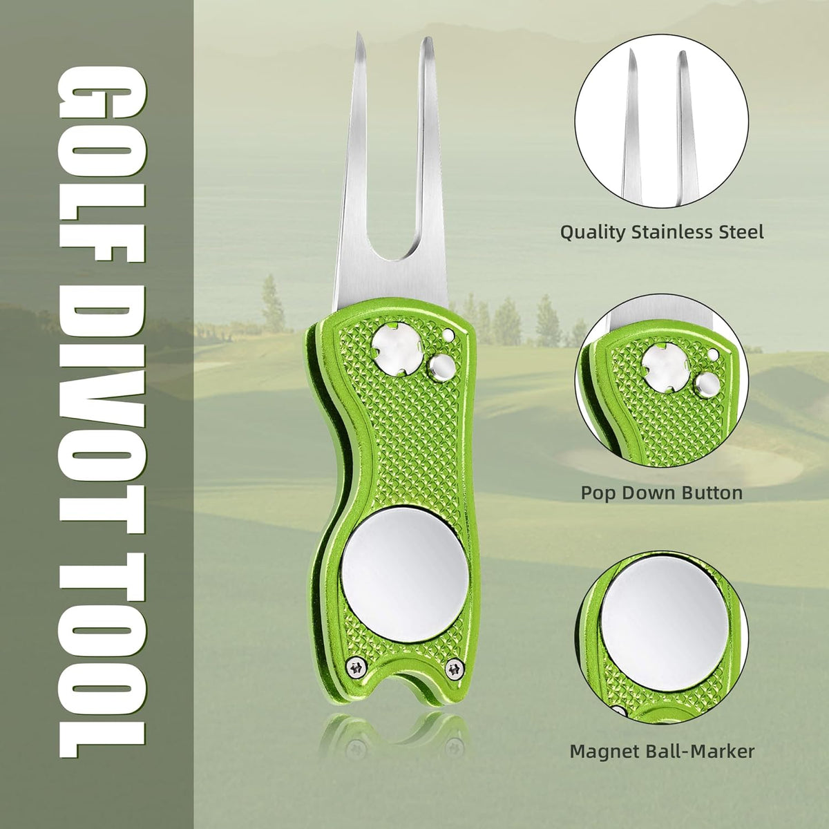 Premium All-Metal Foldable Golf Divot Repair Tool with Pop-Up Button and Magnetic Ball Marker, Available in 2-6 Pack