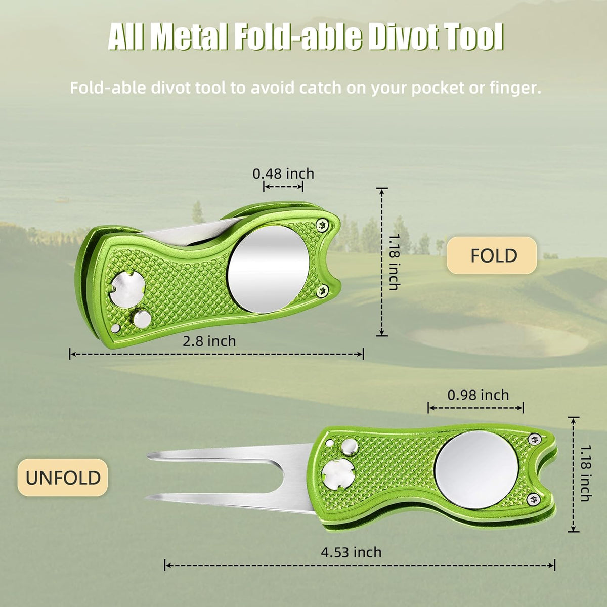 Premium All-Metal Foldable Golf Divot Repair Tool with Pop-Up Button and Magnetic Ball Marker, Available in 2-6 Pack