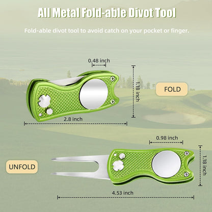 Premium All-Metal Foldable Golf Divot Repair Tool with Pop-Up Button and Magnetic Ball Marker, Available in 2-6 Pack